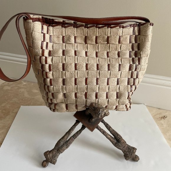 DE VECCHI Made in Italy Tan Woven Fibers & Leather Shoulder/ Crossbody Bag - Picture 1 of 10